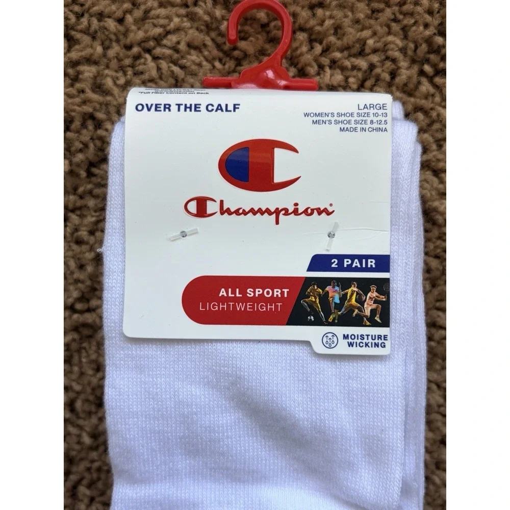 Champion White Lightweight Moisture Wicking Over the Calf Socks NEW - 2 Pack NWT